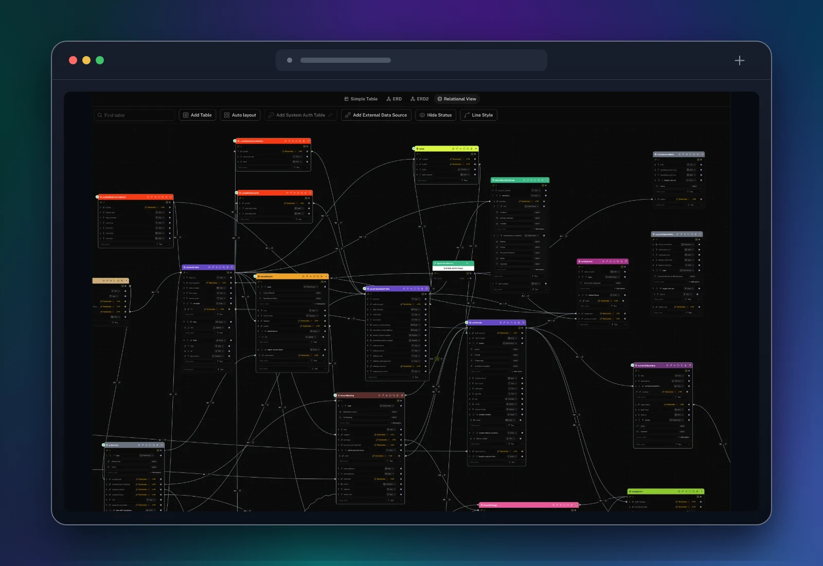Specdrive relational database diagram showing connected application tables